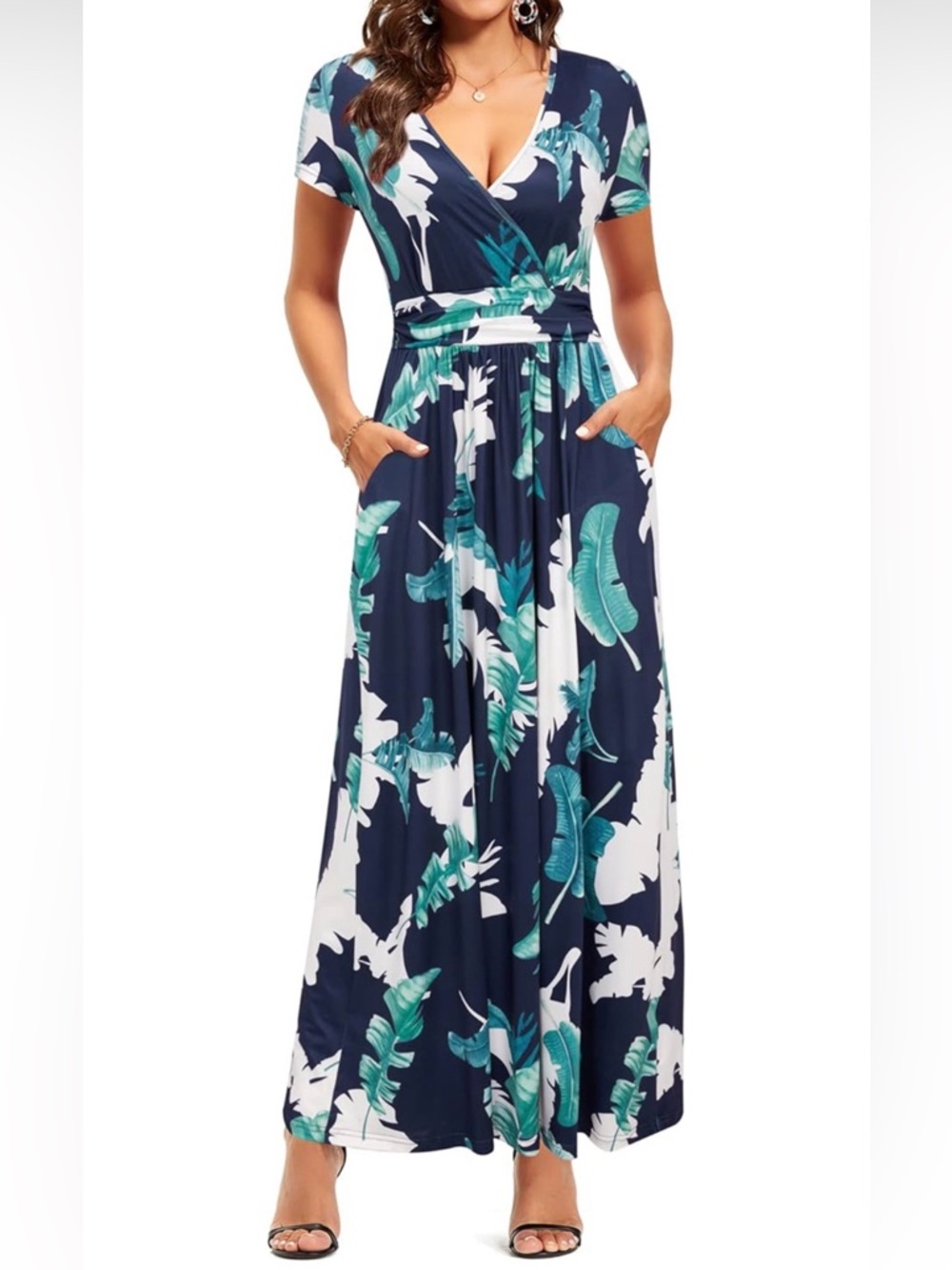 Ouges Women’s Floral Maxi Dress Size Small Blue Teal White V Neck Stretch Pocket